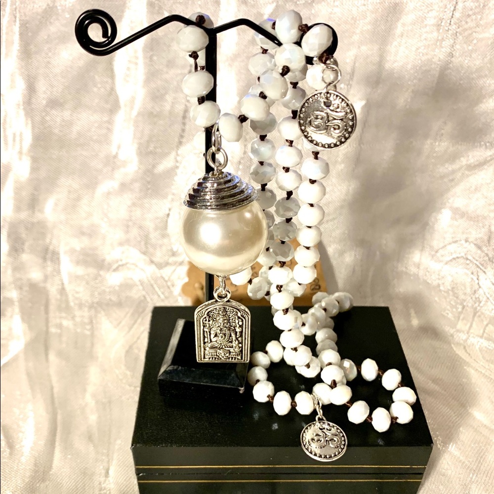 Mala, pendant, crystals, Buddha & Om charms